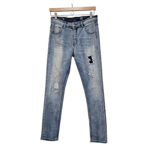 Ravmen Black Label Skinny Jeans Men 30 Light Blue Distressed Ripped Streetwear ~